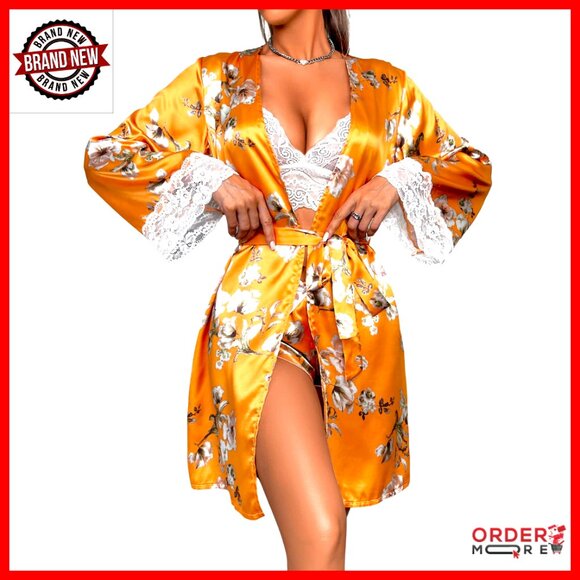 Silk Satin Pajama Set with Lace Bralette and Robe 3 Piece Bridal Sleepwear